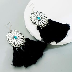 NEW Black Boho Turquoise Concho Style Tassel Earrings